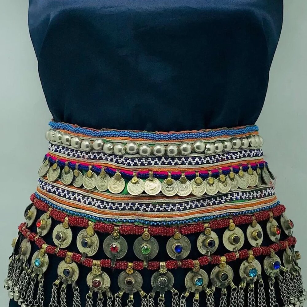Vintage Kuchi Belly Dance Belt: Afghan Coins & Glass Stones - Picture 9 of 12